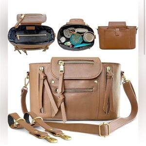 Mamantra, Elegant Tan Leather Micro Diaper Bag Purse
